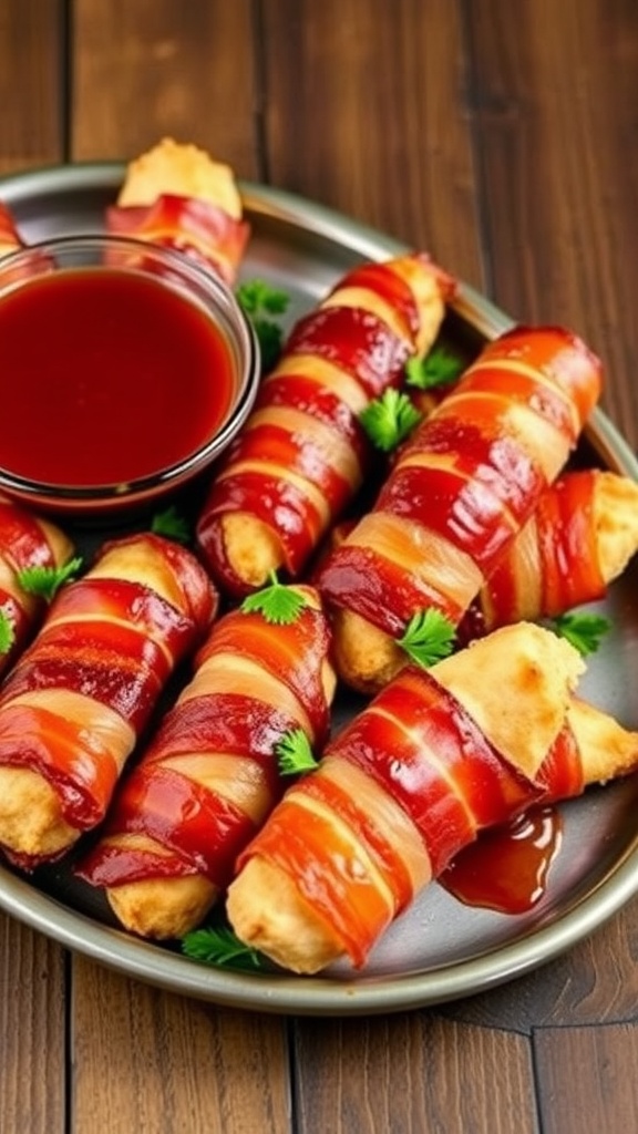 Crispy bacon-wrapped chicken tenders on a platter with barbecue sauce for dipping.